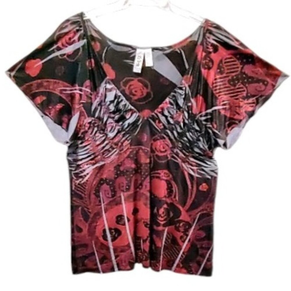 LSter Red Black Gray Ruched Empire Waist Tie Back Top 3X